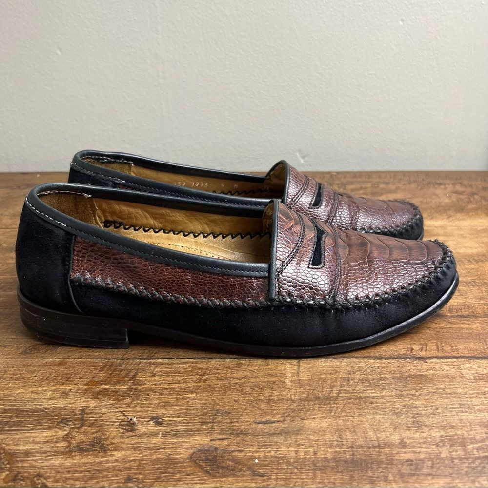 Zelli Mens 9M Black Brown Genuine Ostrich Leather Handmade Italy Penny Loafers